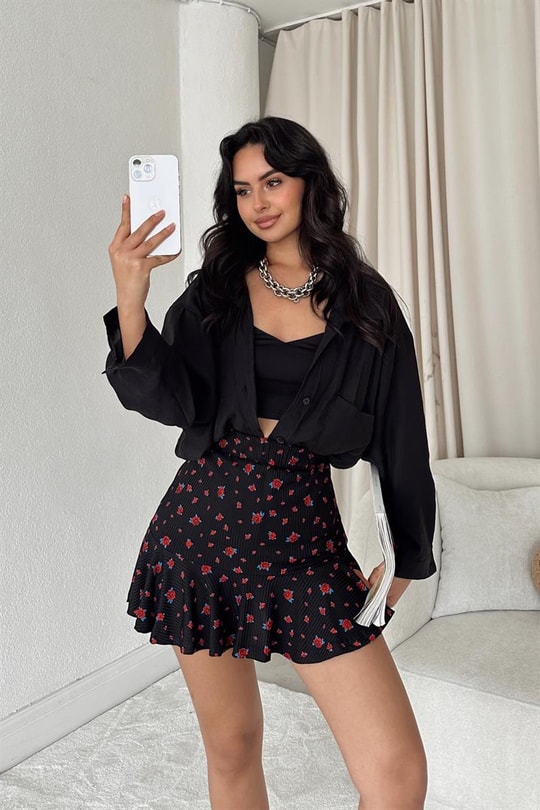Rose Desenli Etek Siyah