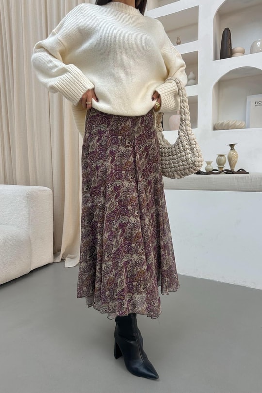 Rose Etnik Desen Midi  Etek Mürdüm