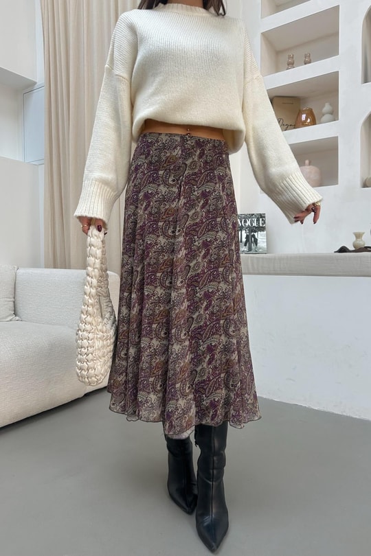 Rose Etnik Desen Midi  Etek Mürdüm
