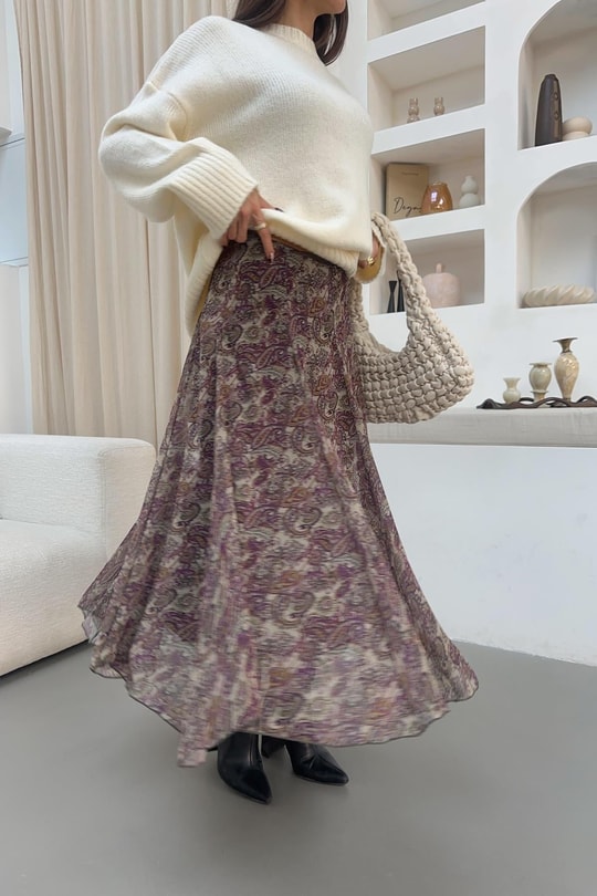 Rose Etnik Desen Midi  Etek Mürdüm