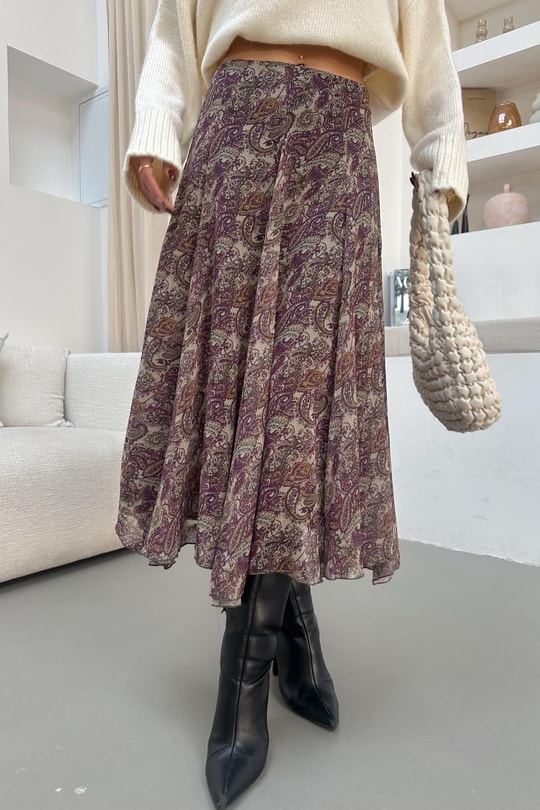 Rose Etnik Desen Midi  Etek Mürdüm