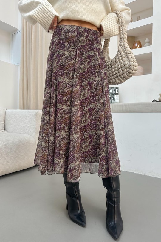 Rose Etnik Desen Midi  Etek Mürdüm