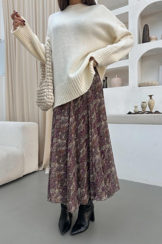 Rose Etnik Desen Midi  Etek Mürdüm