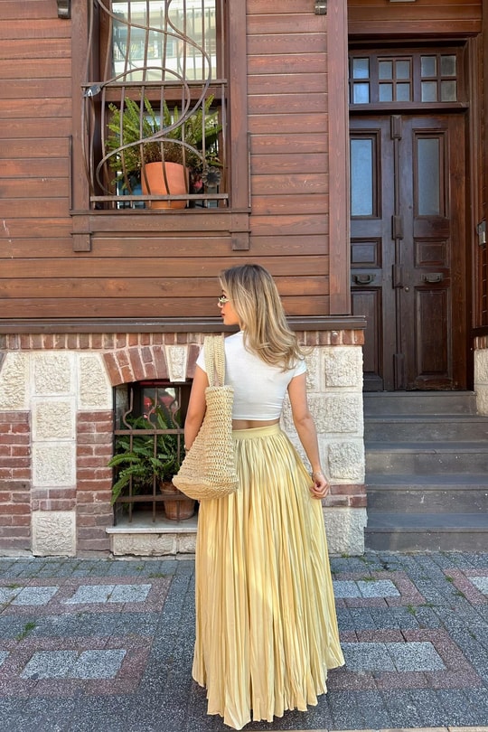 Saten Pilise Etek Sarı