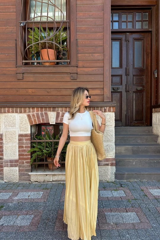 Saten Pilise Etek Sarı