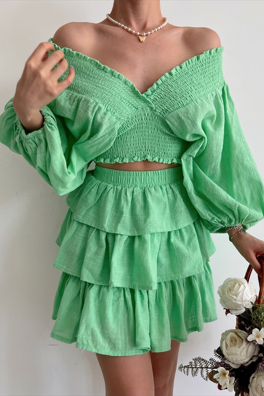 Summer Fırfırlı Keten Etek Yeşil