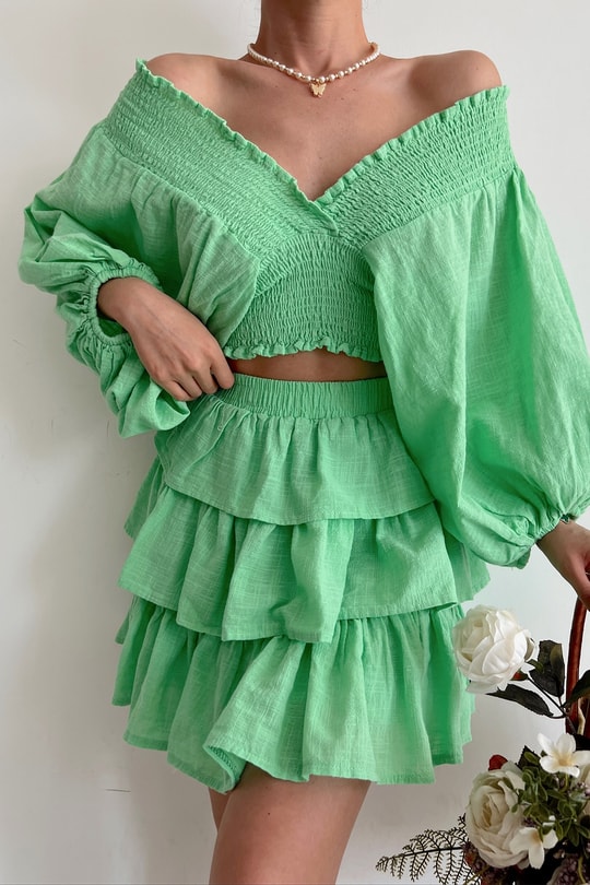 Summer Fırfırlı Keten Etek Yeşil