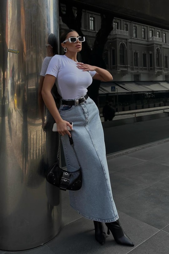 Uzun Denim Çan Etek Buz Mavi