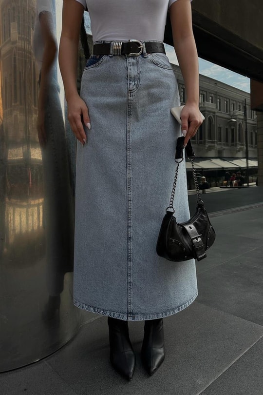 Uzun Denim Çan Etek Buz Mavi