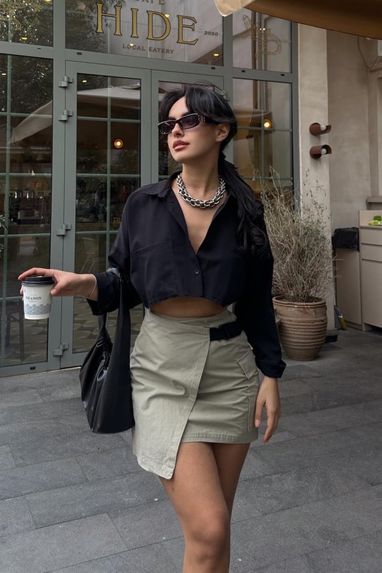 Yan Cepli Asimetrik Street Etek Haki