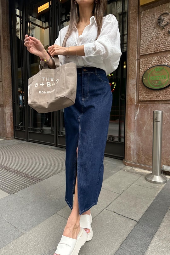 Yırtmaçlı Denim Etek Lacivert