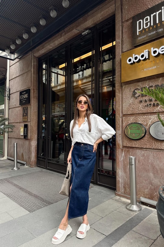 Yırtmaçlı Denim Etek Lacivert