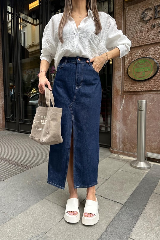 Yırtmaçlı Denim Etek Lacivert