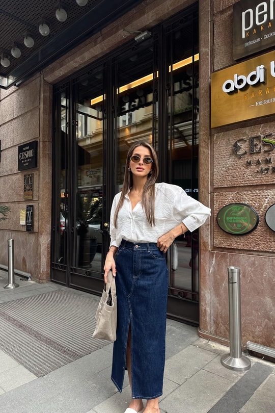 Yırtmaçlı Denim Etek Lacivert
