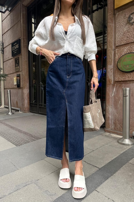 Yırtmaçlı Denim Etek Lacivert