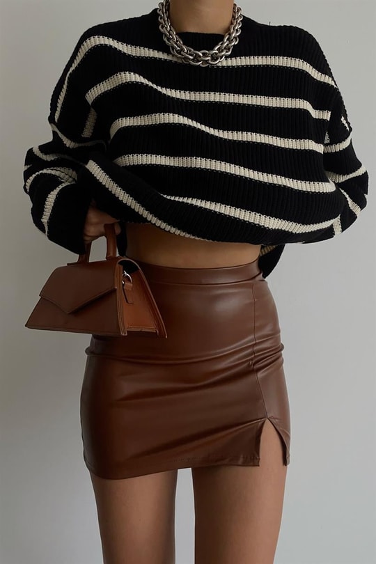 Yırtmaçlı Mini Deri Etek Taba