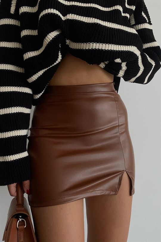 Yırtmaçlı Mini Deri Etek Taba