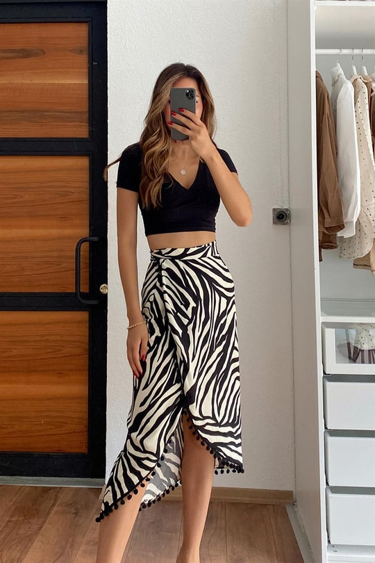 Zebra Desen Bağlamalı Etek Siyah