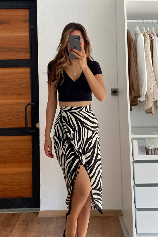 Zebra Desen Bağlamalı Etek Siyah