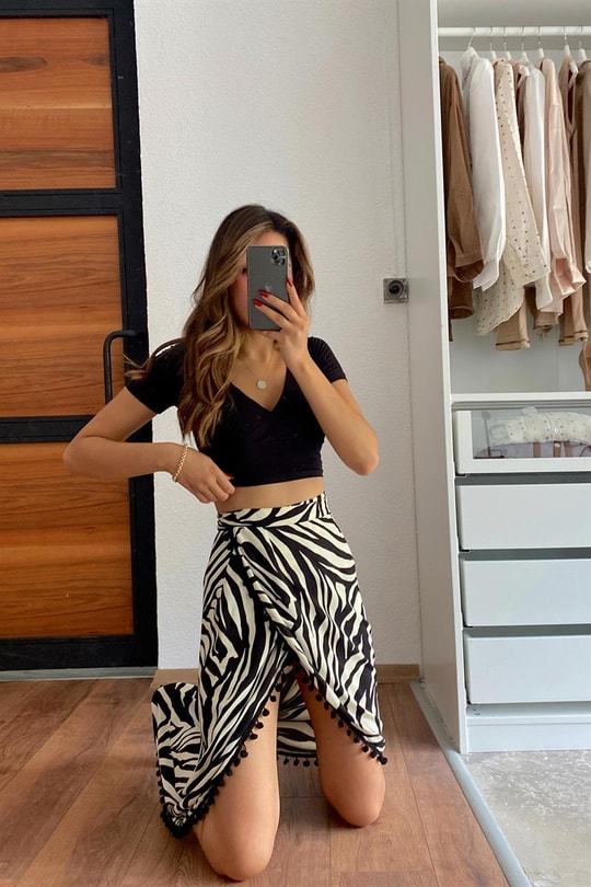 Zebra Desen Bağlamalı Etek Siyah