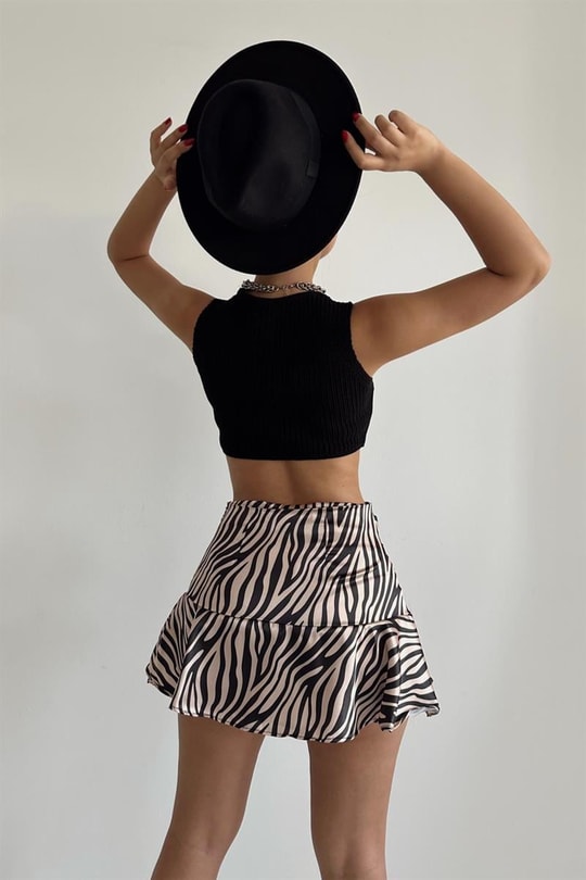Zebra Desen Bağlamalı Saten Etek Vizon