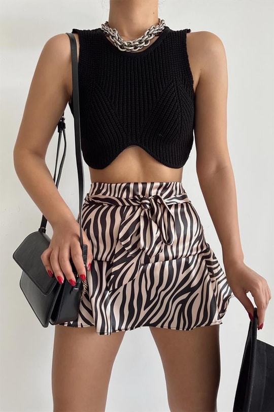 Zebra Desen Bağlamalı Saten Etek Vizon