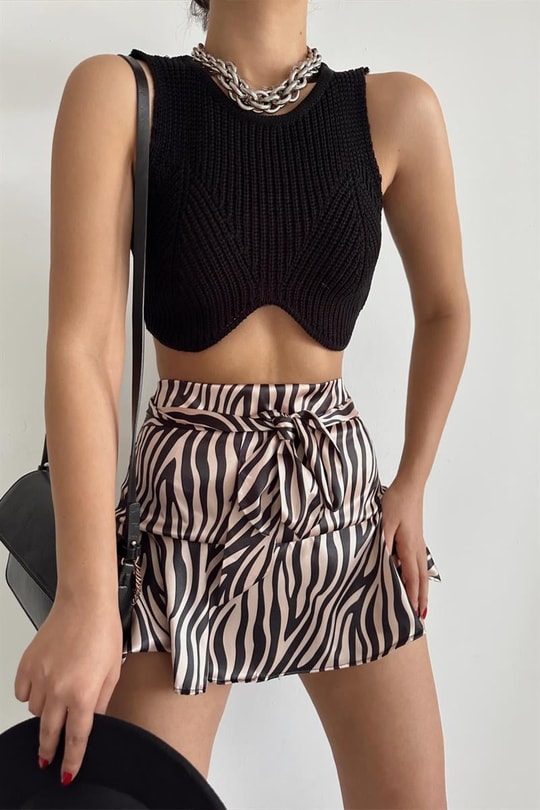 Zebra Desen Bağlamalı Saten Etek Vizon