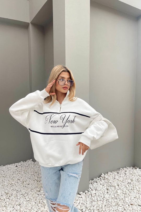 Fermuar Yaka NY Sweat Beyaz