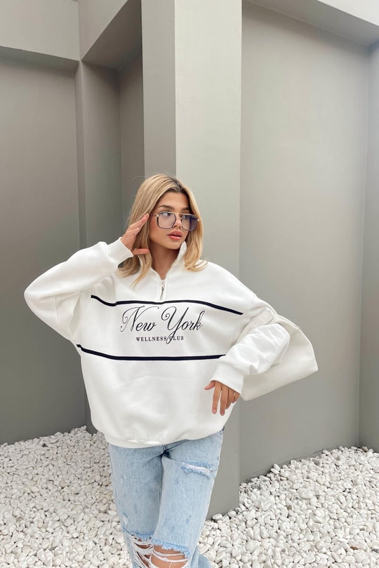 Fermuar Yaka NY Sweat Beyaz