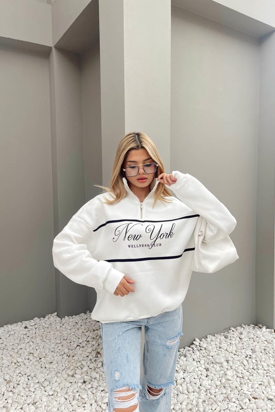 Fermuar Yaka NY Sweat Beyaz