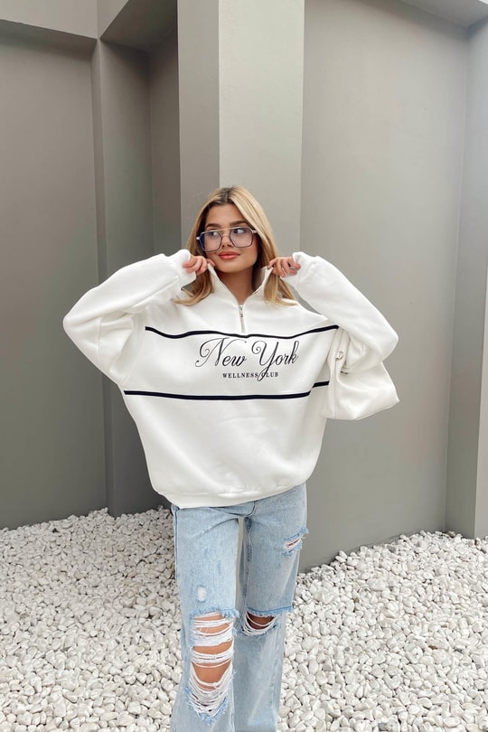 Fermuar Yaka NY Sweat Beyaz