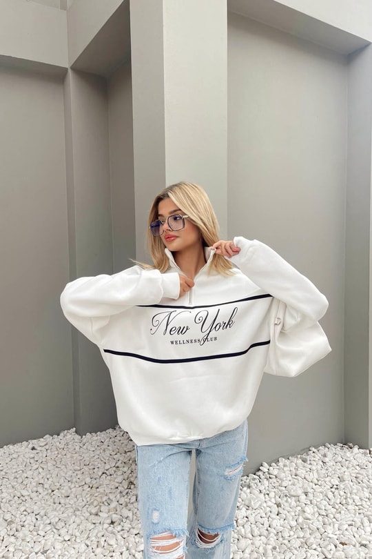 Fermuar Yaka NY Sweat Beyaz