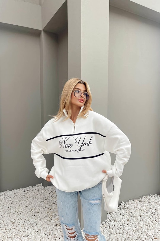 Fermuar Yaka NY Sweat Beyaz