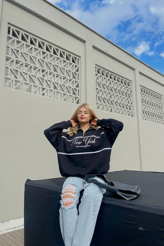 Fermuar Yaka NY Sweat Siyah