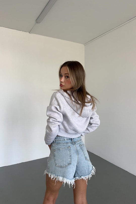 Fermuarlı Crop Hırka Gri