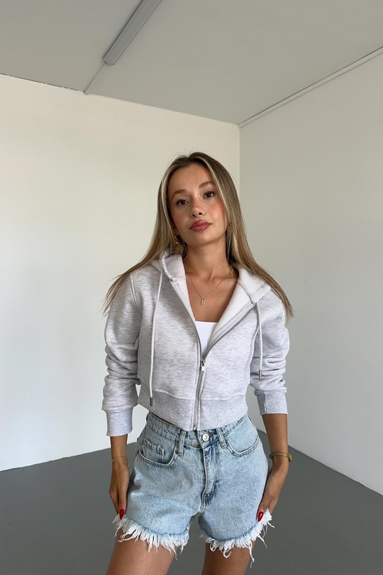 Fermuarlı Crop Hırka Gri