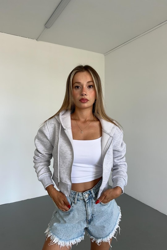 Fermuarlı Crop Hırka Gri