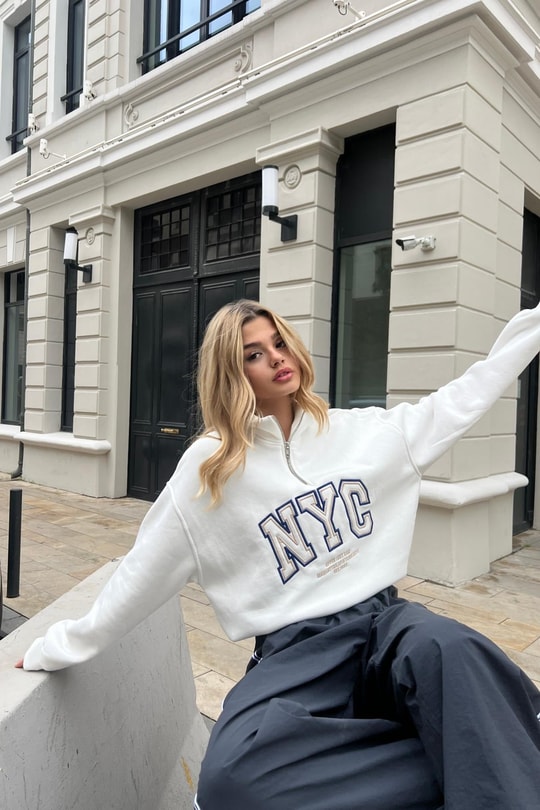 Fermuarlı NYC sweatshirt Krem