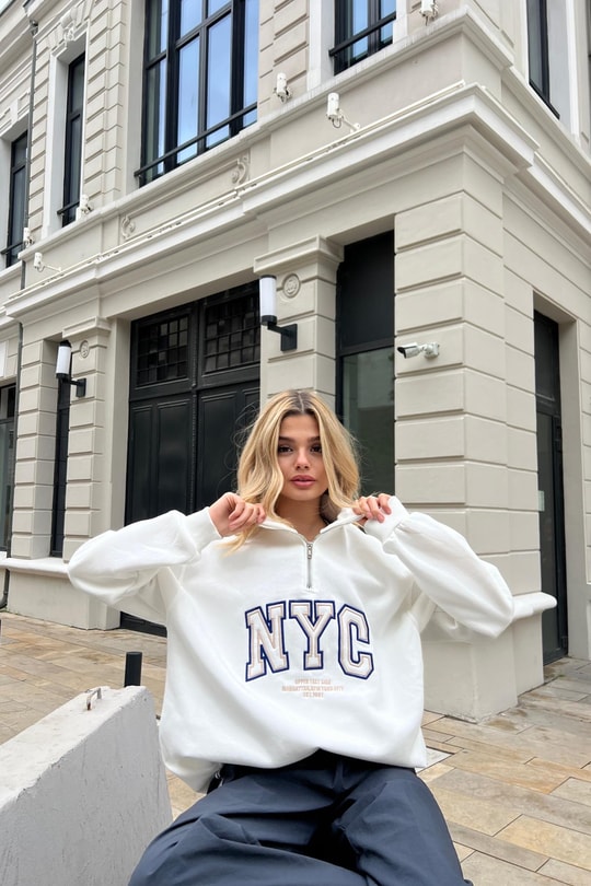 Fermuarlı NYC sweatshirt Krem