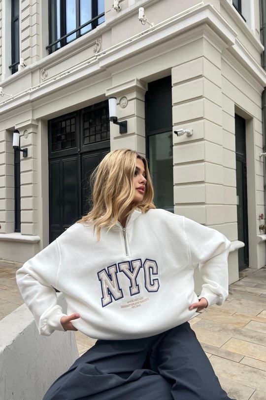 Fermuarlı NYC sweatshirt Krem