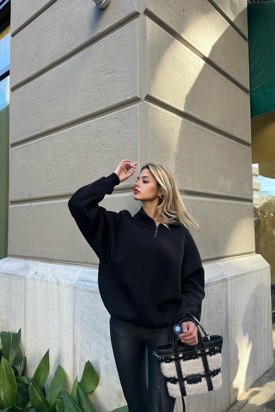 Fermuarlı Oversize Sweatshirt Siyah