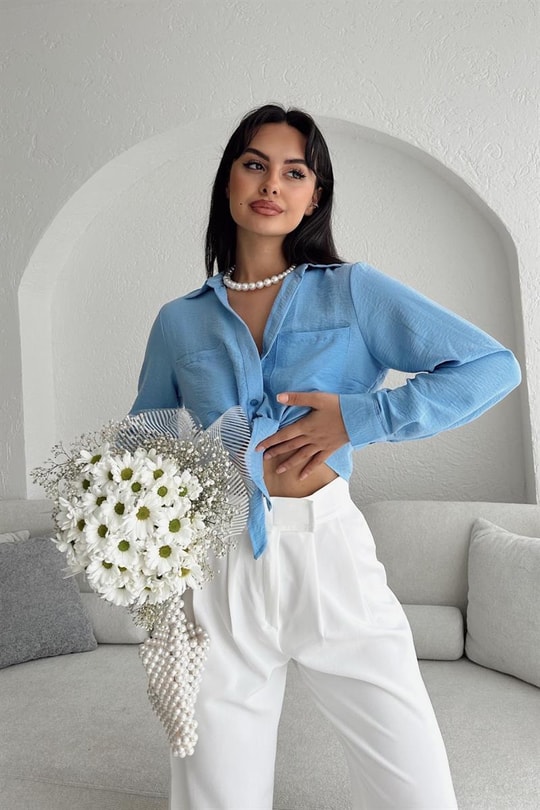 Bağlamalı Crop Fresh Gömlek Bebe Mavi