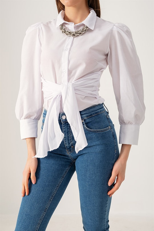 Balon Kol Bağlamalı Gömlek Beyaz
