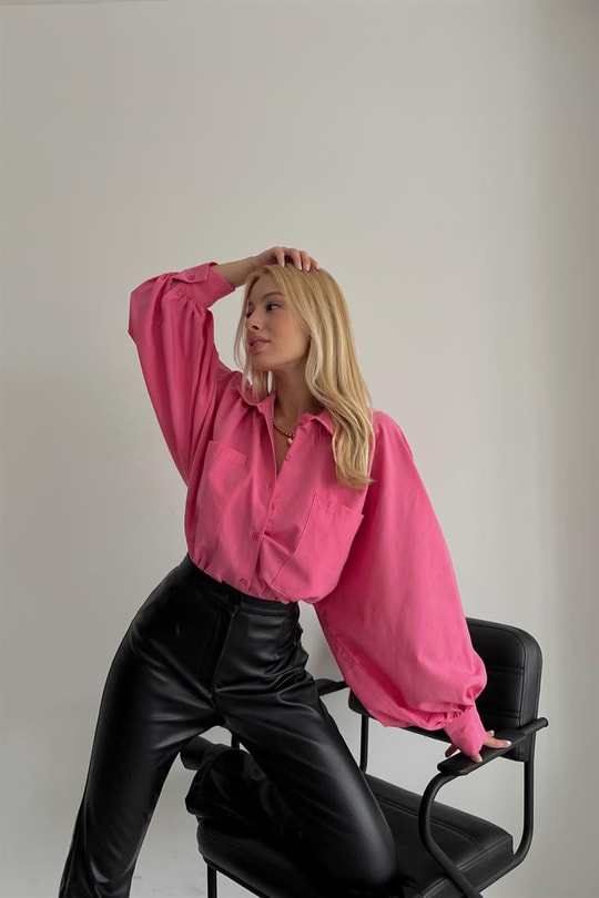 Balon Kol Poplin Gömlek Pembe