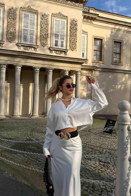 Basic Crop Saten Gömlek Beyaz