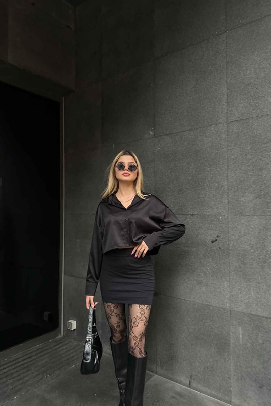 Basic Crop Saten Gömlek Siyah
