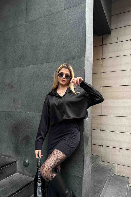 Basic Crop Saten Gömlek Siyah