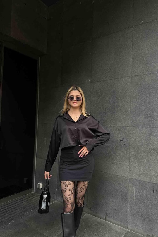 Basic Crop Saten Gömlek Siyah