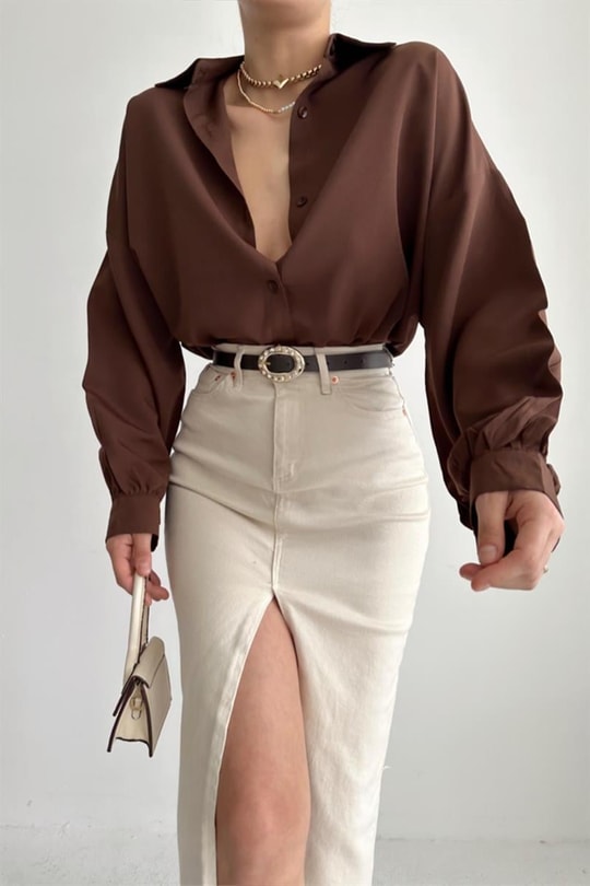 Basic Oversize Gömlek Kahve