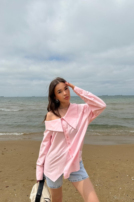 Bebe Yaka Asimetrik Gömlek Pembe